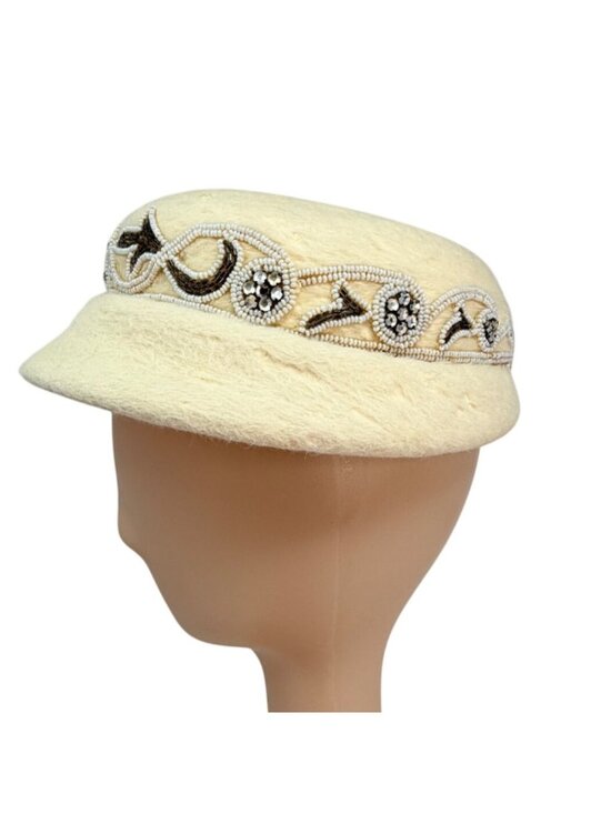 Jan Leslie Beaded Wool Hat Off White Designer‎ Cap 1990s main image 8